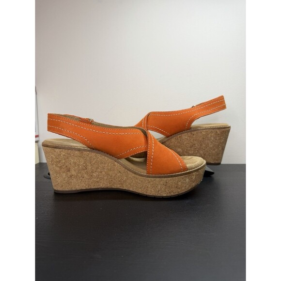Clarks Aisley Tulip Sandals Suede Wedge Heels Slingback Orange Women’s Sz 8 - Picture 2 of 10